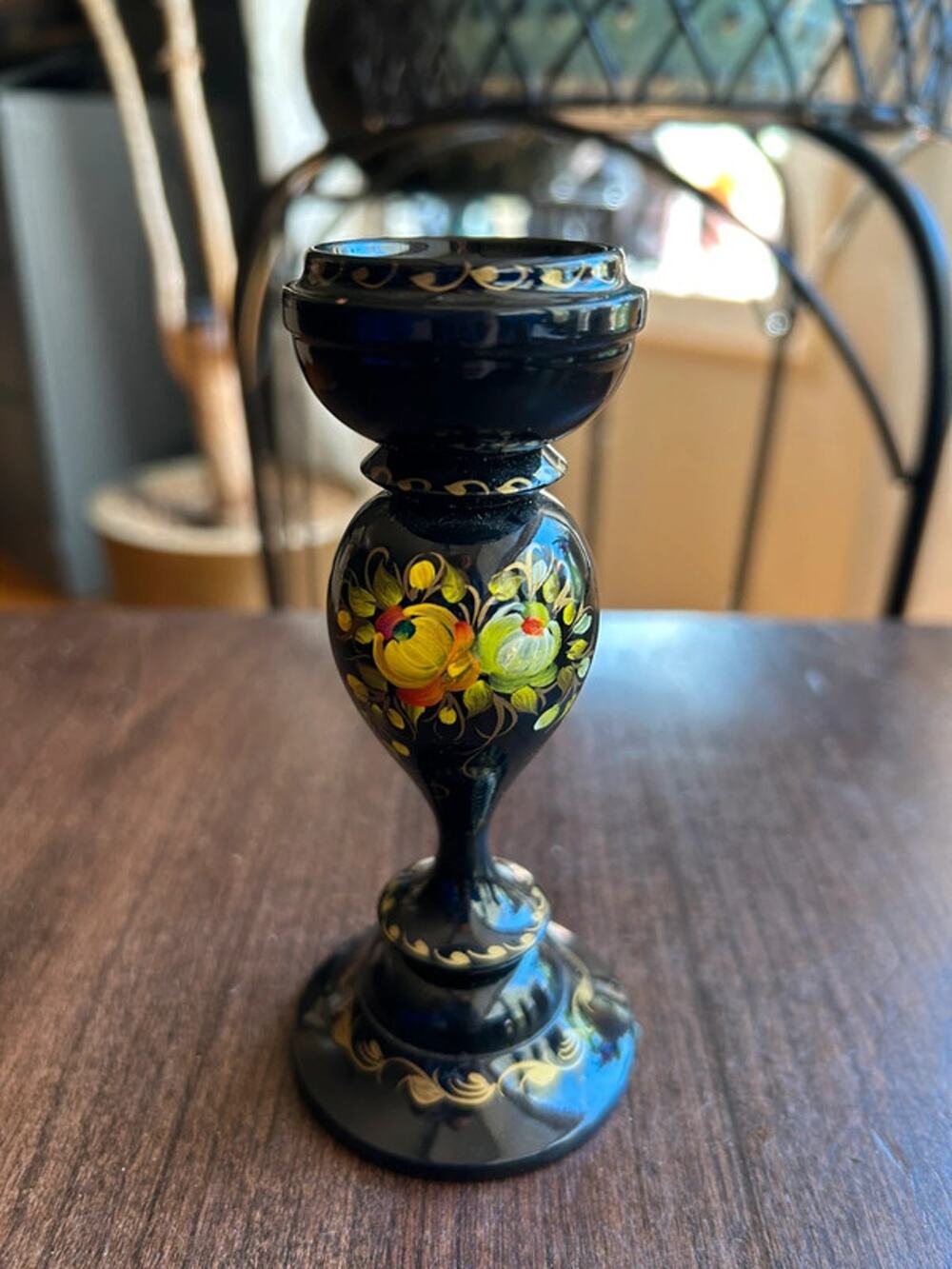 Vintage hand-painted Ukrainian candle display holder lacquered wood Petrykivka